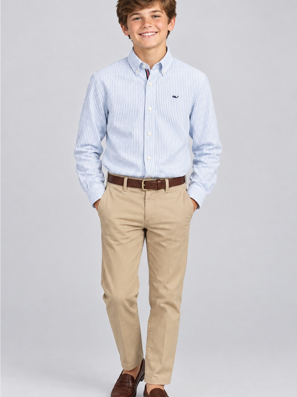 Vineyard Vines Boys Blue White Seersucker Whale Button Down Shirt M 12-14